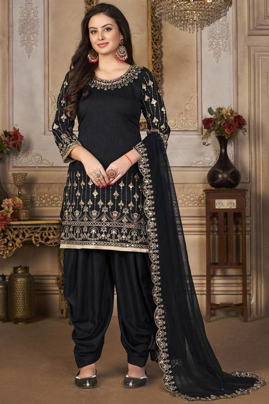 Black Color Art Silk Fabric Adorming Festive Look Patiala Suits