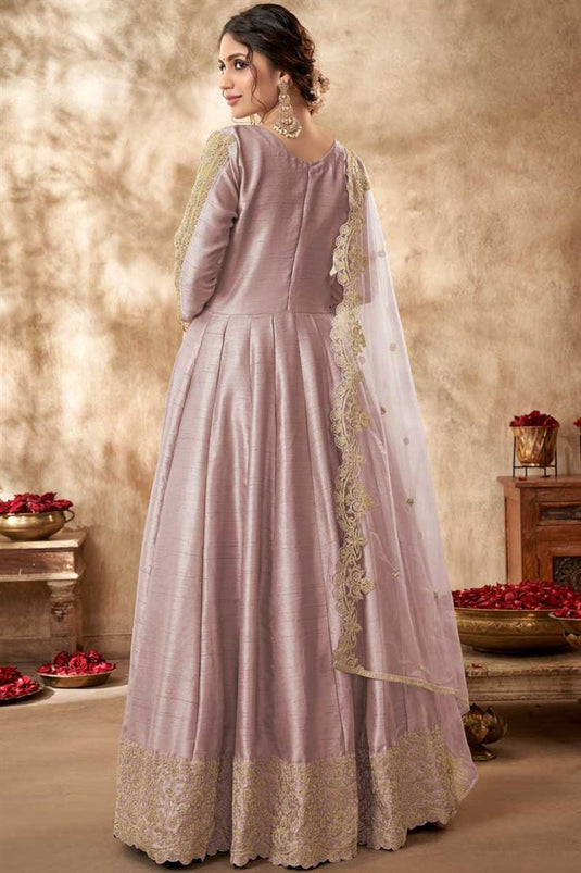 Beguiling Embroidered Work On Pink Color Art Silk Fabric Anarkali Suit