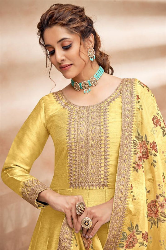 Art Silk Fabric Yellow Color Excellent Sangeet Wear Anarkali Suit