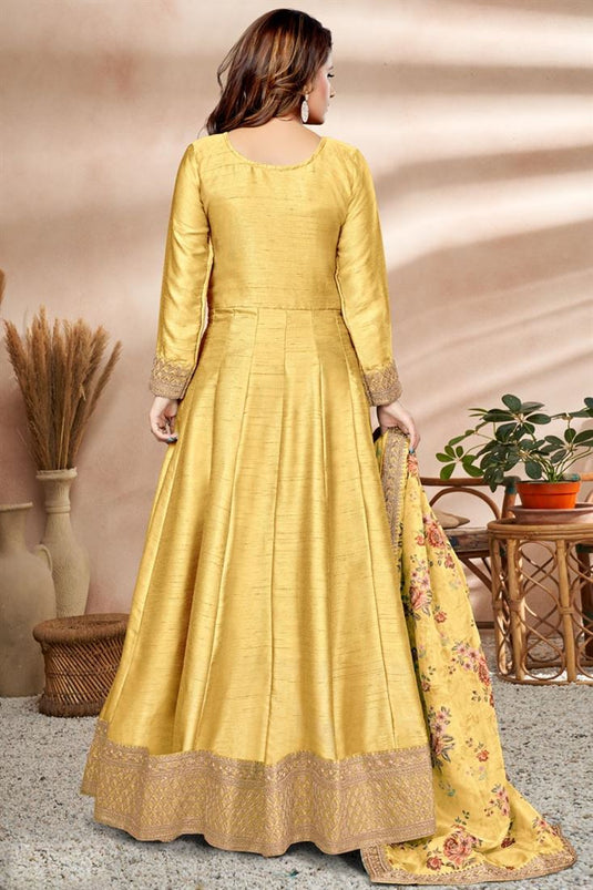 Art Silk Fabric Yellow Color Excellent Sangeet Wear Anarkali Suit