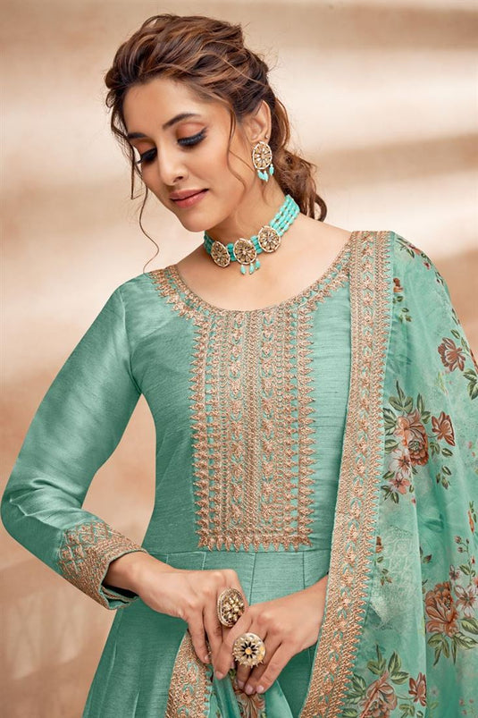 Glamorous Art Silk Fabric Sea Green Color Sangeet Wear Anarkali Suit