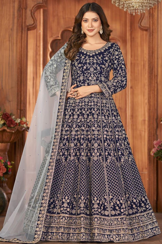 Engaging Navy Blue Color Velvet Fabric Anarkali Suit In Function Wear