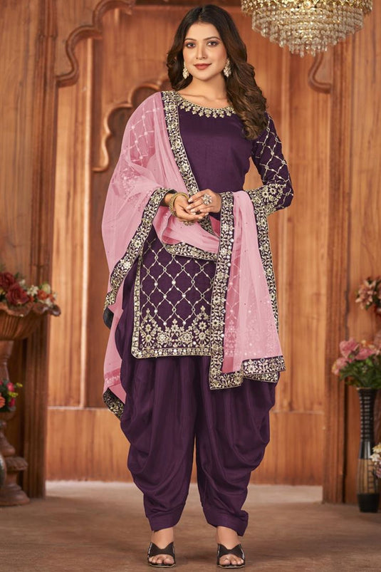 Charming Art Silk Fabric Festive Look Patiala Suits In Purple Color