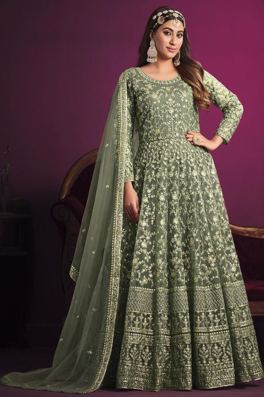 Net Fabric Green Color Embroidered Winsome Anarkali Suit