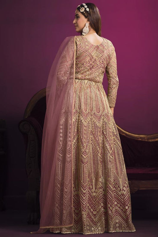 Pink Color Alluring Sangeet Wear Net Anarklai Suit