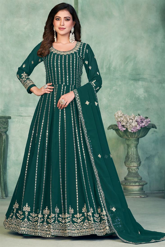 Teal Color Georgette Fabric Fancy Embroidered Function Wear Anarkali Salwar Suit