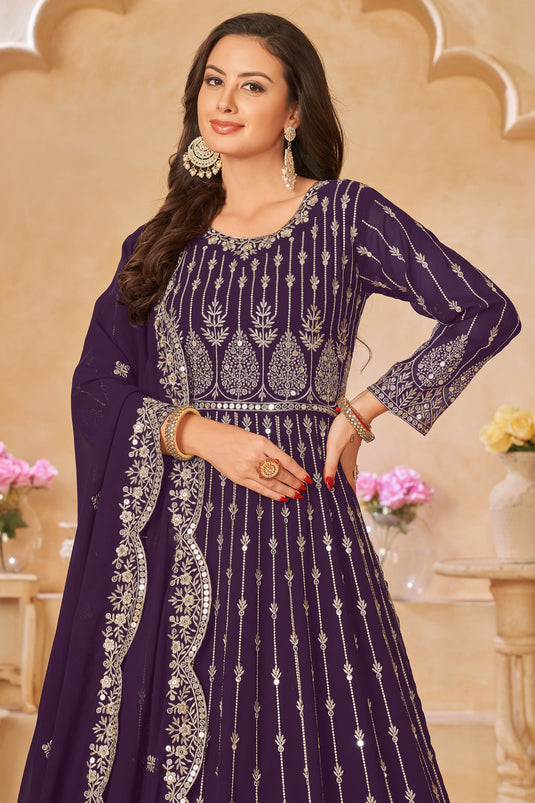 Purple Color Festive Wear Embroidered Long Anarkali Salwar Suit In Georgette Fabric