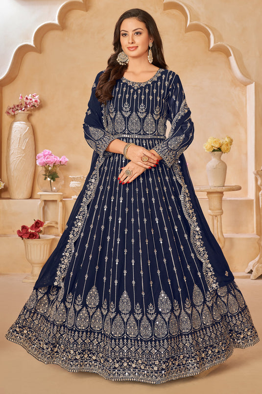 Blue Color Embroidered Long Anarkali Suit In Georgette Fabric