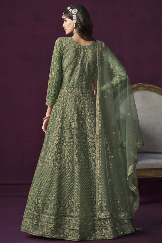 Net Fabric Embroidered Function Wear Stylish Anarkali Salwar Kameez In Sea Green Color