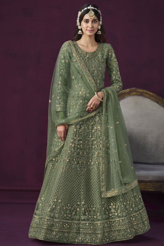 Net Fabric Embroidered Function Wear Stylish Anarkali Salwar Kameez In Sea Green Color