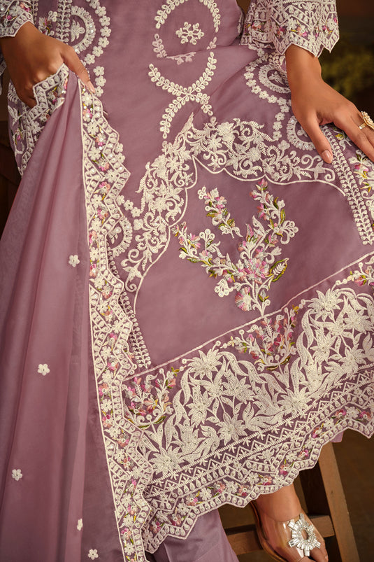 Lavender Color Organza Fabric Designer Embroidered Salwar Suit