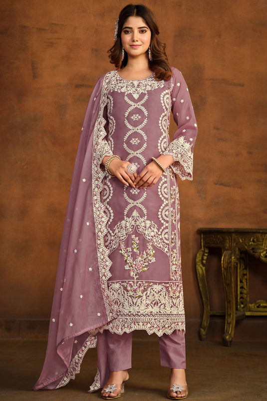 Lavender Color Organza Fabric Designer Embroidered Salwar Suit