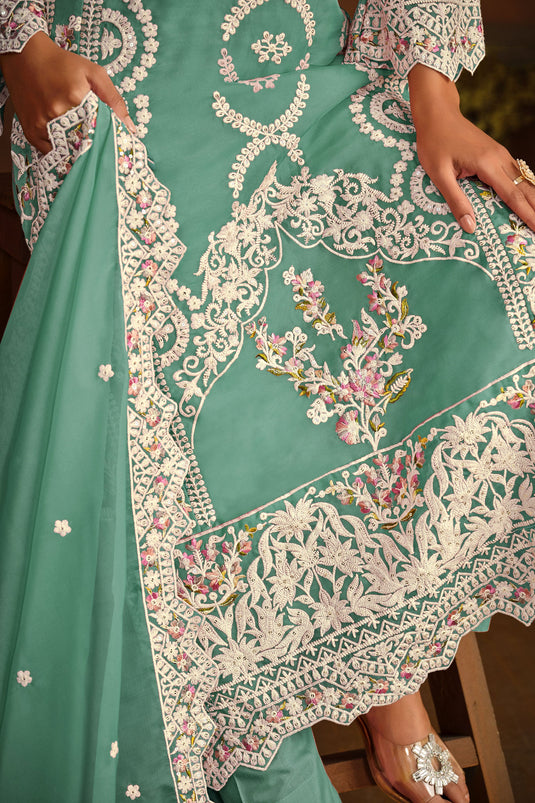 Organza Fabric Function Wear Sea Green Embroidered Designer Suit