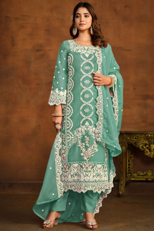 Organza Fabric Function Wear Sea Green Embroidered Designer Suit