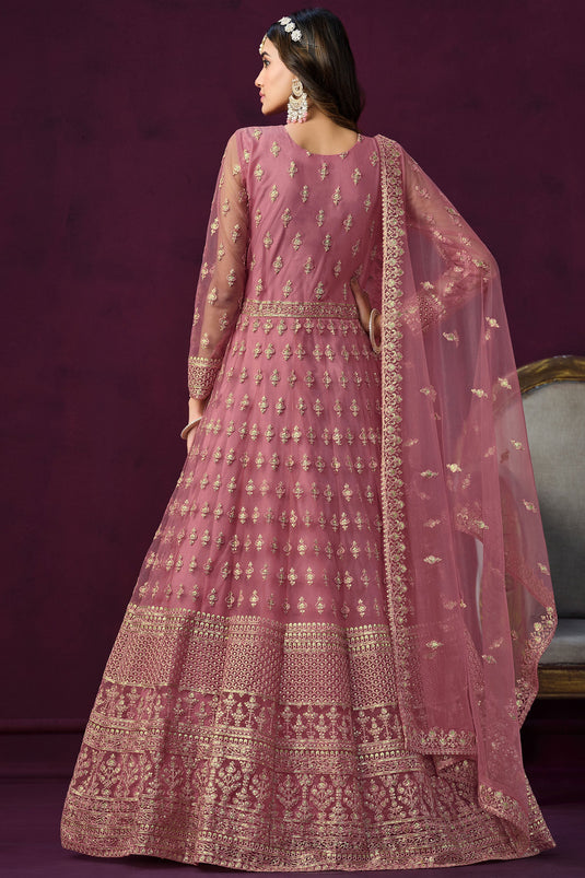 Net Fabric Fancy Embroidered Long Anarkali Salwar Kameez In Pink Color