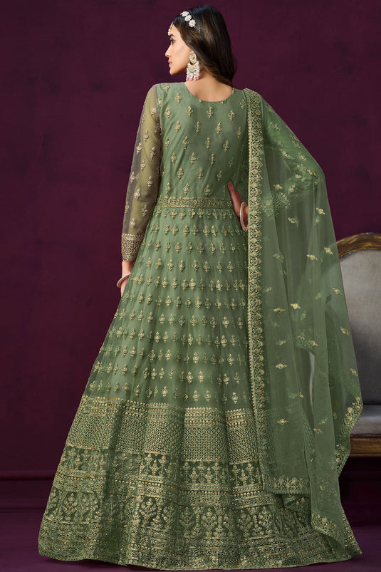 Sea Green Color Embroidered Long Anarkali Salwar Suit In Net Fabric