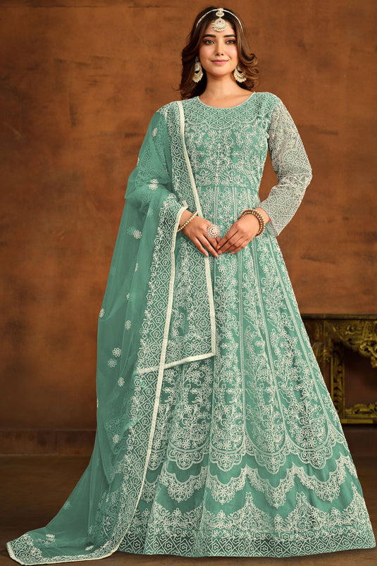 Festive Wear Sea Green Color Embroidered Anarkali Suit In Net Fabric