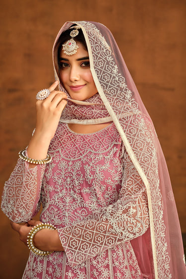 Embroidered Festive Wear Anarkali Dress In Net Fabric Pink Color