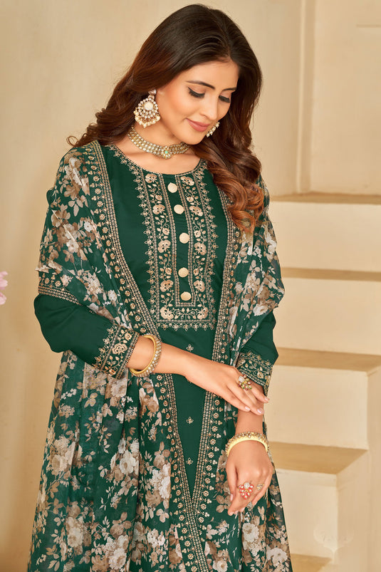 Art Silk Fabric Embroidered Festive Wear Straight Cut Salwar Kameez In Dark Green Color