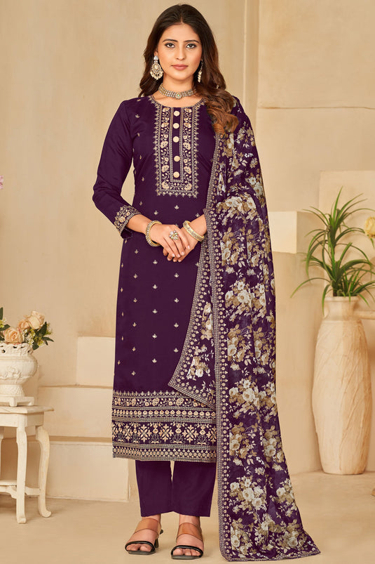 Purple Color Festive Wear Embroidered Straight Cut Salwar Suit In Art Silk Fabric
