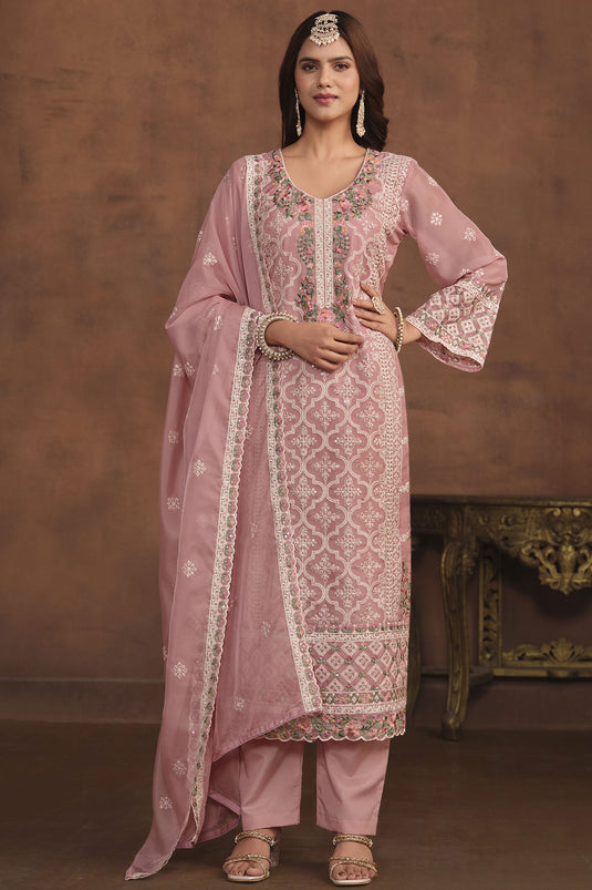 Pink Color Organza Fabric Trendy Festive Wear Salwar Suit With Embroidered Work