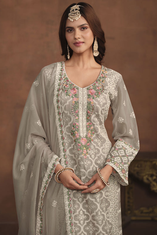 Organza Fabric Grey Color Attractive Festive Wear Salwar Suit With Embroidered Work