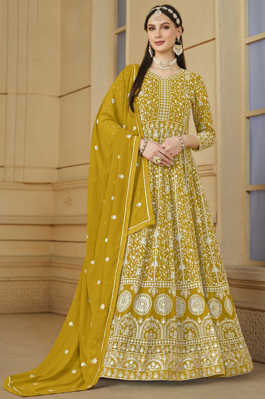 Function Wear Embroidered Georgette Fabric Anarkali Salwar Kameez In Yellow Color