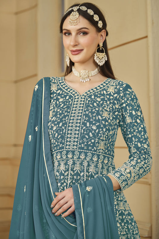 Function Wear Teal Color Embroidered Anarkali Suit In Georgette Fabric