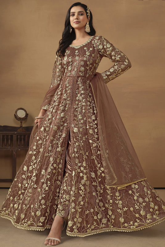 Net Fabric Function Wear Wondrous Anarkali Suit In Brown Color