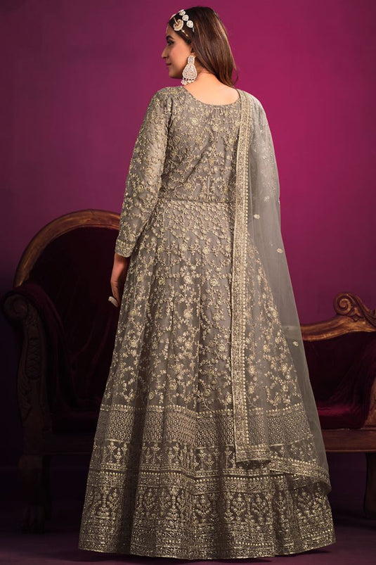 Glamorous Sequins Work Grey Color Anarkali Suit For Sangeet