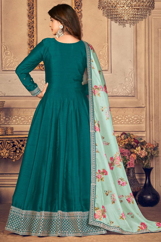 Art Silk Fabric Festival Look Teal Color Fashionable Anarkali Suit