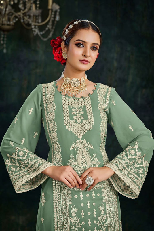 Glamorous Embroidered Work Sea Green Color Palazzo Suit