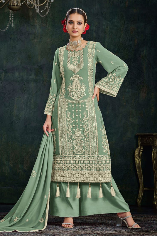 Glamorous Embroidered Work Sea Green Color Palazzo Suit