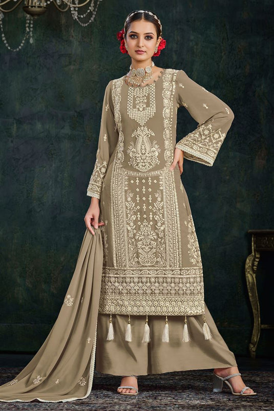 Embroidered Embellished Palazzo Suit In Dark Beige Color