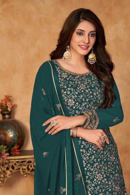 Georgette Fabric Sangeet Wear Brilliant Sharara Suit In Teal Color