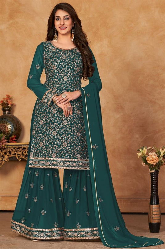 Georgette Fabric Sangeet Wear Brilliant Sharara Suit In Teal Color