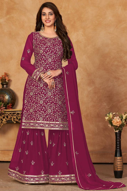 Georgette Fabric Sangeet Wear Wonderful Sharara Suit In Rani Color