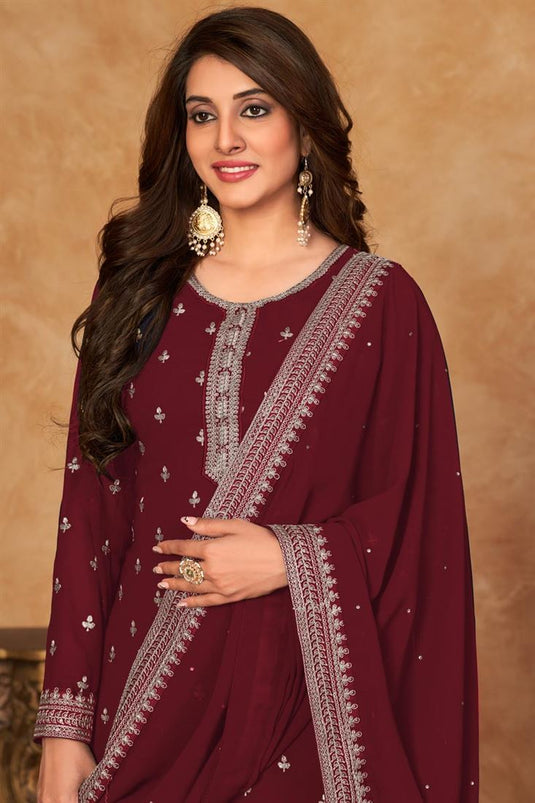 Function Wear Georgette Fabric Palazzo Suit In Appealing Maroon Color