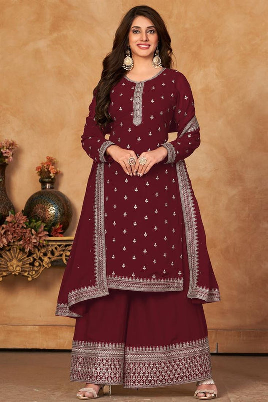 Function Wear Georgette Fabric Palazzo Suit In Appealing Maroon Color