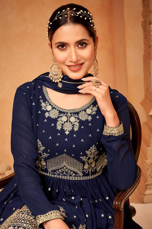 Appealing Georgette Fabric Sangeet Wear Sharara Suit In Navy Blue Color