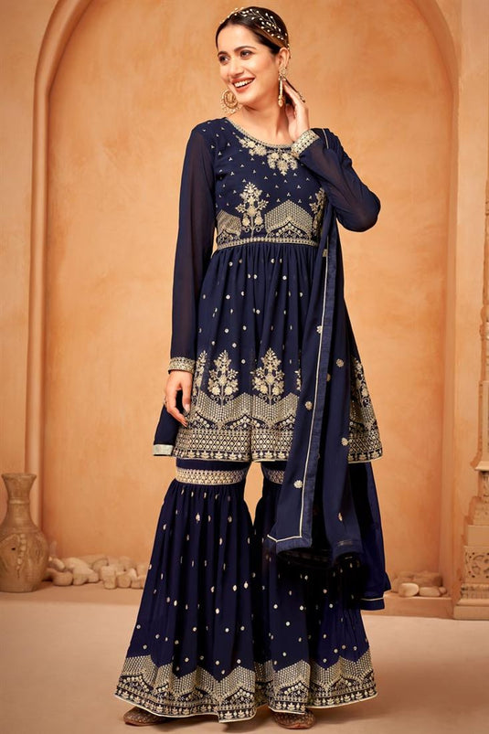 Appealing Georgette Fabric Sangeet Wear Sharara Suit In Navy Blue Color