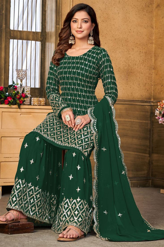 Elegant Georgette Green Color Sharara Suit with Sparkling Sequins Work