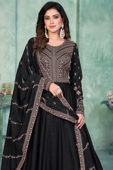 Art Silk Fabric Fancy Embroidered Function Wear Long Anarkali Salwar Suit In Black Color