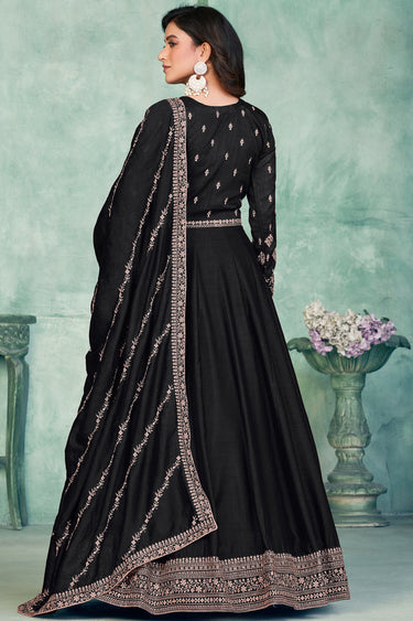 Art Silk Fabric Fancy Embroidered Function Wear Long Anarkali Salwar Suit In Black Color