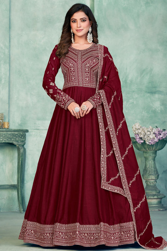 Embroidered Sangeet Wear Long Anarkali Salwar Kameez In Art Silk Fabric Maroon Color