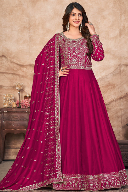 Art Silk Fabric Embroidered Function Wear Anarkali Salwar Suit In Rani Color