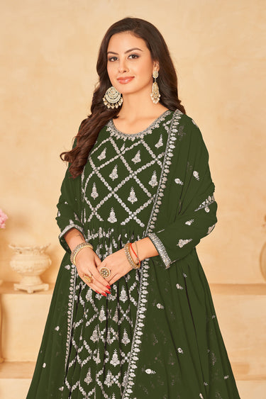 Green Color Embroidered Long Anarkali Salwar Suit In Georgette Fabric