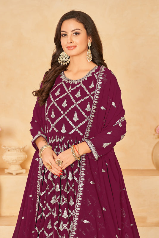 Wine Color Embroidered Long Anarkali Suit In Georgette Fabric