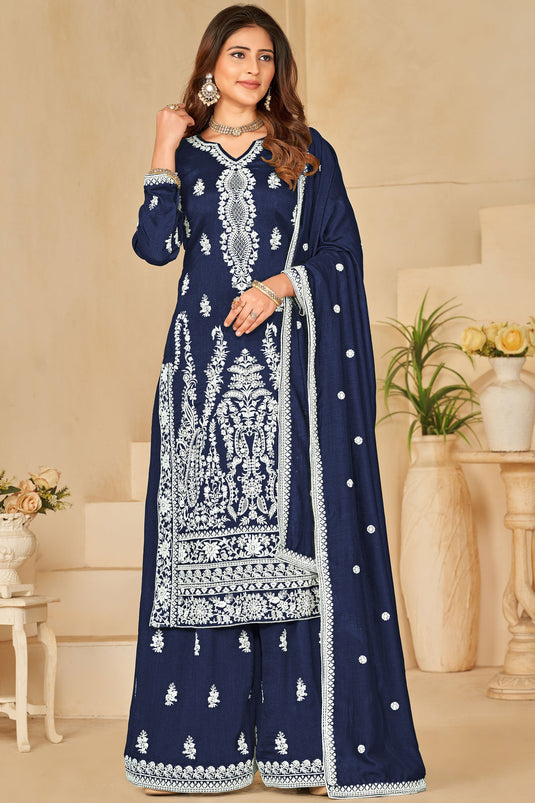 Classic Navy Blue Color Art Silk Fabric Palazzo Suit