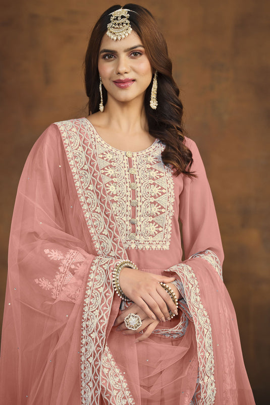 Classic Peach Color Festive Wear Palazzo Suit In Georgette Fabric